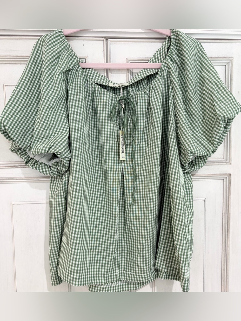 NWT SZ XL Max Studio Light Green Gingham Puff-Sleeve blouse